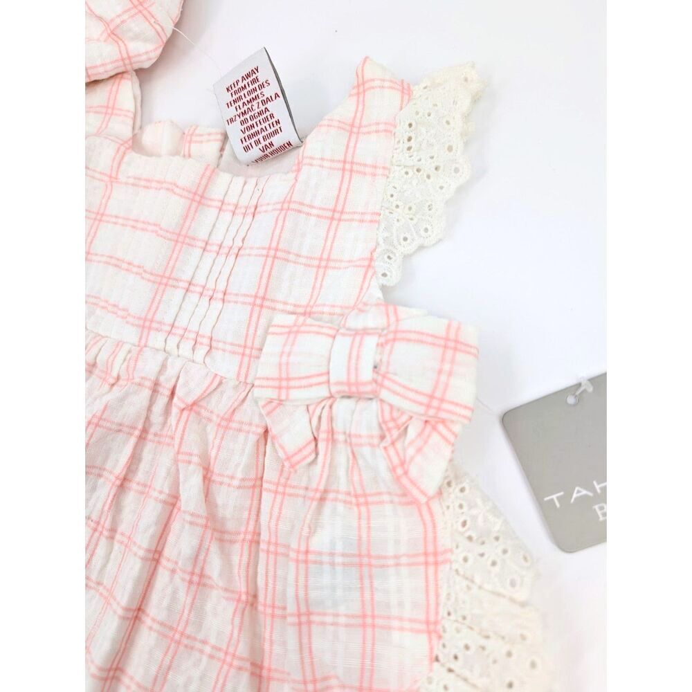 Tahati Baby Dress and Hat Set Girl 3-6 Months Pink Plaid Eyelet Ruffled Cottage - Picture 10 of 12